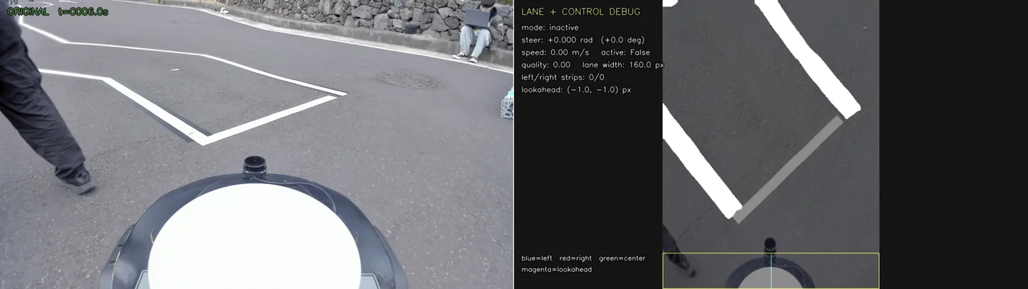 Actual HENES lane perception and BEV debugging capture from a 1/5-scale driving test